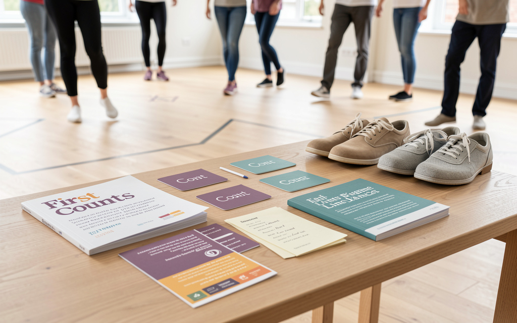 A quiet editorial desk with count cards, source notes and comfortable dance shoes in natural light