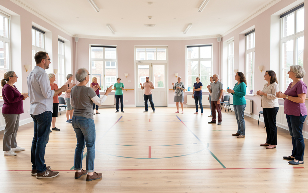 Adults listening to a dance instructor in a bright hall, shown from the side with open floor space