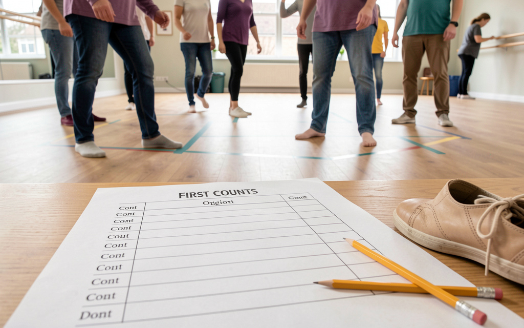 A blank original practice sheet with count columns and a pencil beside dance shoes, no legible third-party text