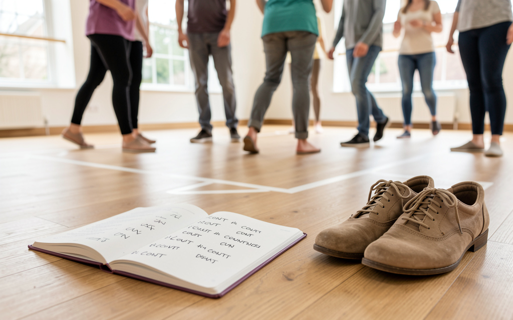 An open notebook with hand-drawn count marks beside comfortable dance shoes in soft window light