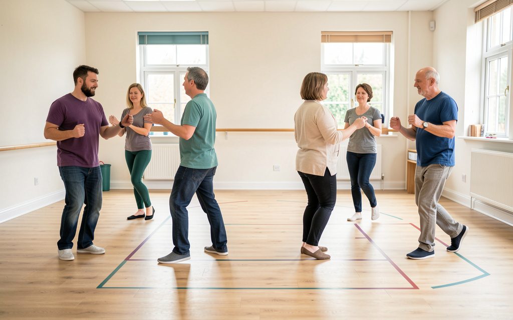 A village hall floor at dusk, rows of adults mid-step in soft overhead light, one pair of feet caught slightly out of line, shot from the side at floor level.