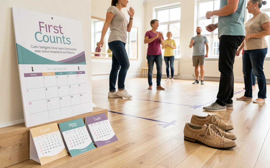 A simple four-week wall calendar with count cards and dance shoes on a light wooden floor