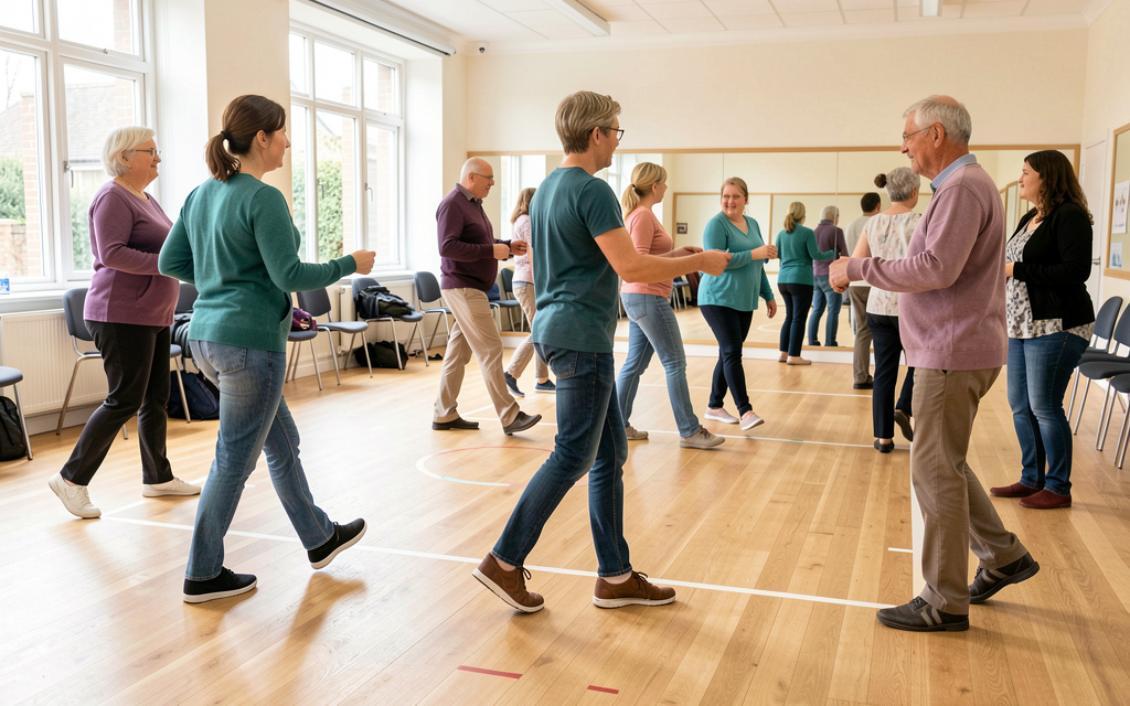 Dancers practising a compact three-step rhythm moving sideways in a spacious studio