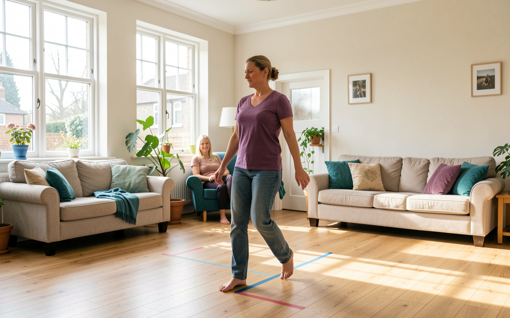 One adult dancer practising measured steps at home in a tidy sunlit living room with a clear floor